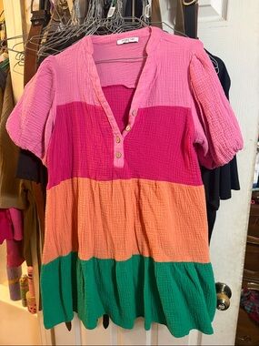 Colorblock Tiered Tunic Top with Buttons - Pink/Hot Pink/Peach/Green